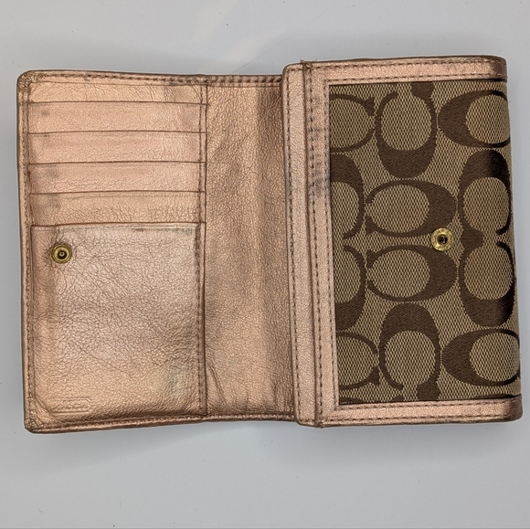 Coach Wallet Signature Canvas Trifold Khaki Brown Rose Gold Metallic Leather - Picture 7 of 14